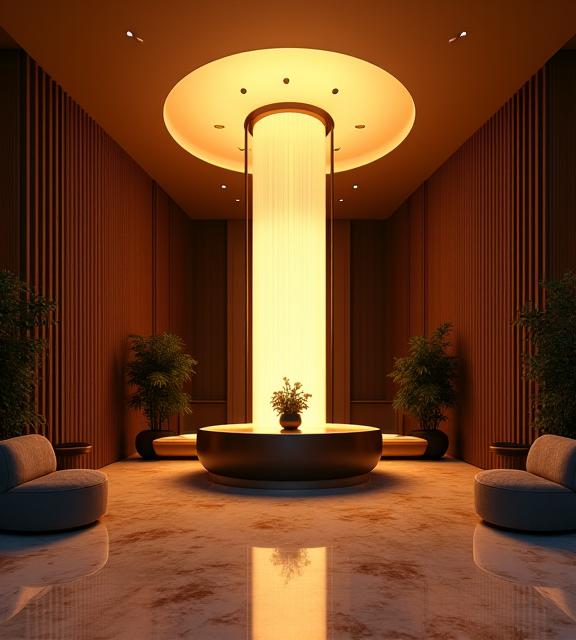 Lobby de un hotel boutique con una instalación lumínica central.