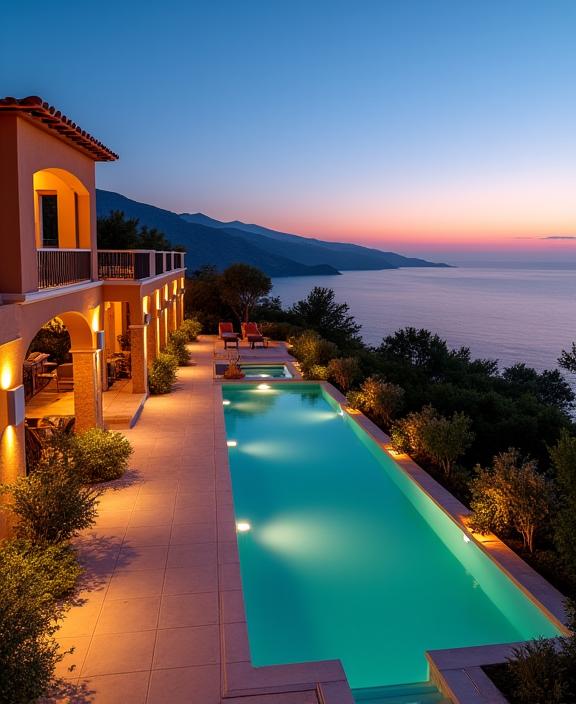 Terraza de una villa con iluminación ambiental.